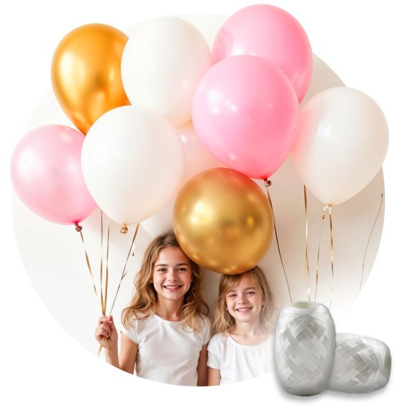 Hélium 30 db lufi felfújásához, Ricokids, rózsaszín, 0,2 m3 héliumtartály, 30 db vegyes színű lufival, 40 m szalag, egyszer használatos palack, hordozható, nyomáscsökkentővel