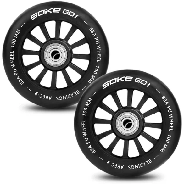 Roller kerék szett, SOKE, fekete, 10 cm, 2 db, ABEC-9 csapágy, 88A keménységű PU, 0,8 cm tengely