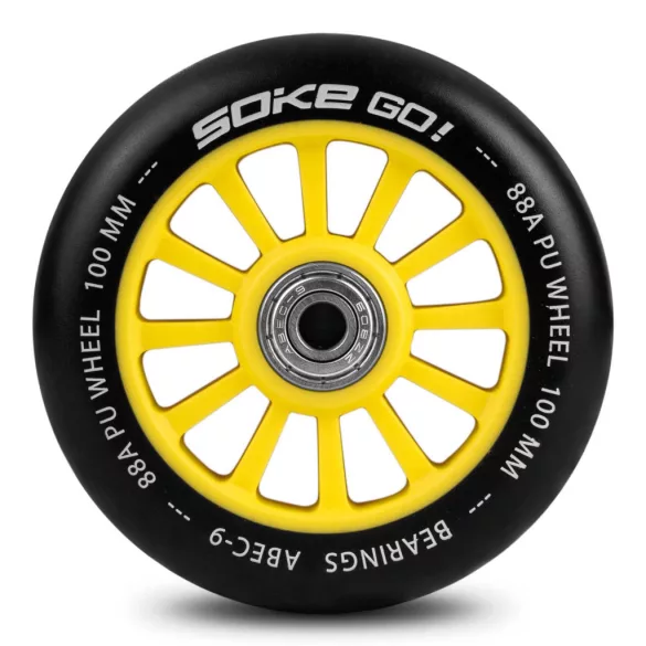 Roller kerék szett, SOKE, sárga, 10 cm, 2 db, ABEC-9 csapágy, 88A keménységű PU, 0,8 cm tengely