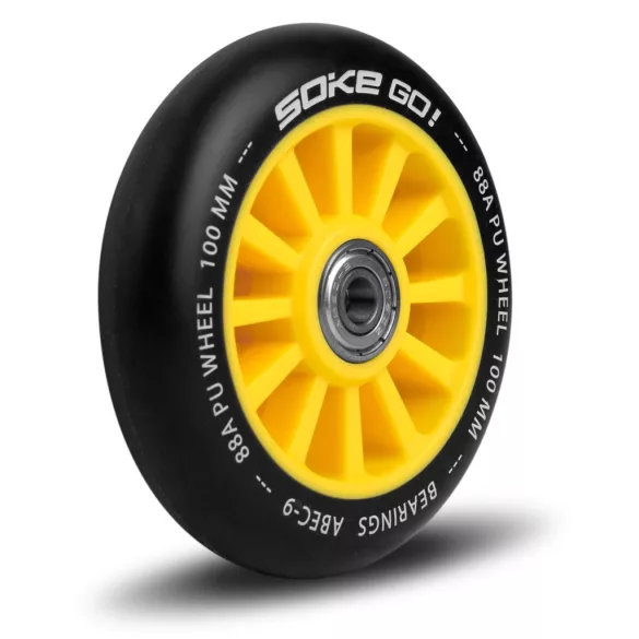 Roller kerék szett, SOKE, sárga, 10 cm, 2 db, ABEC-9 csapágy, 88A keménységű PU, 0,8 cm tengely