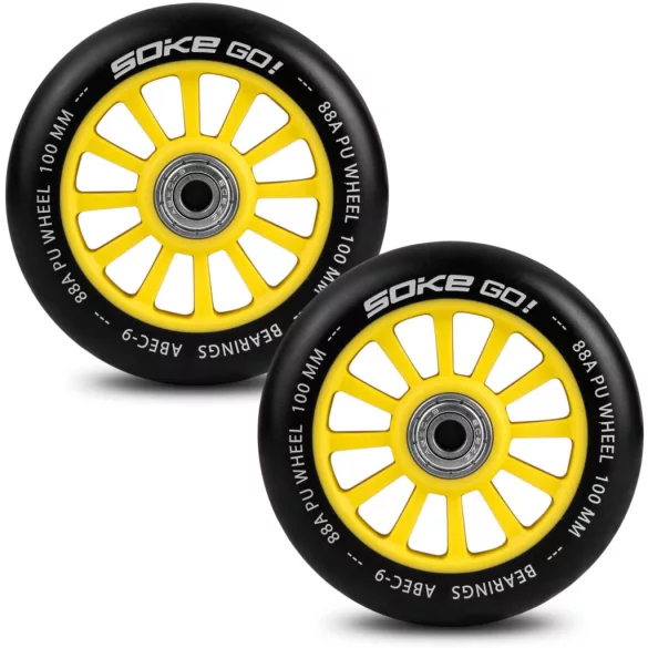 Roller kerék szett, SOKE, sárga, 10 cm, 2 db, ABEC-9 csapágy, 88A keménységű PU, 0,8 cm tengely