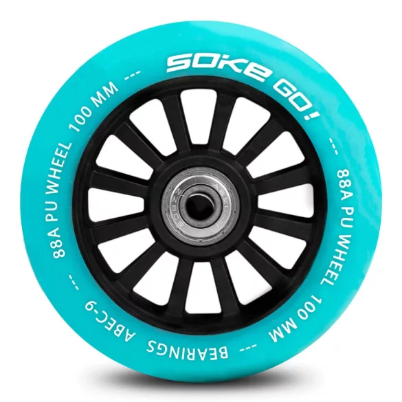 Roller kerék szett, SOKE, türkiz, 10 cm, 2 db, ABEC-9 csapágy, 88A keménységű PU, 0,8 cm tengely