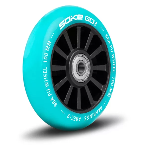 Roller kerék szett, SOKE, türkiz, 10 cm, 2 db, ABEC-9 csapágy, 88A keménységű PU, 0,8 cm tengely