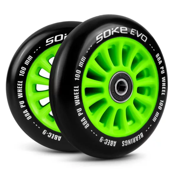 Roller kerék szett, SOKE, zöld, 10 cm, 2 db, ABEC-9 csapágy, 88A keménységű PU, 0,8 cm tengely
