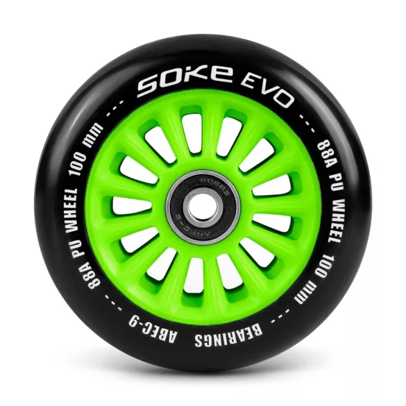 Roller kerék szett, SOKE, zöld, 10 cm, 2 db, ABEC-9 csapágy, 88A keménységű PU, 0,8 cm tengely