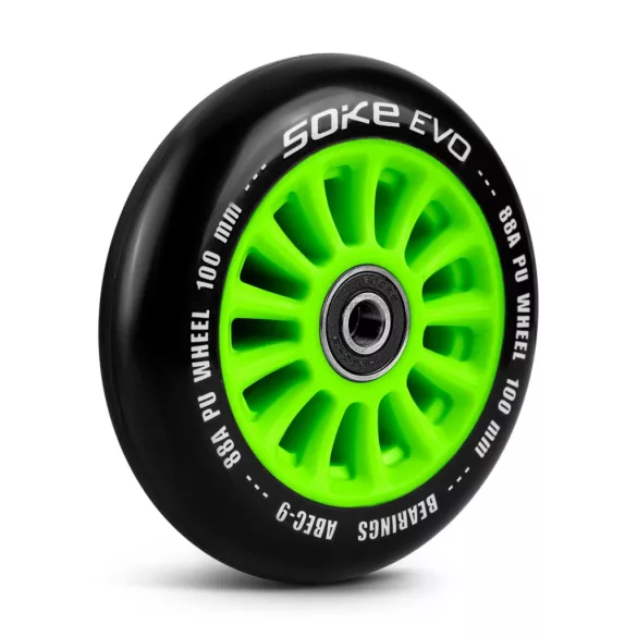 Roller kerék szett, SOKE, zöld, 10 cm, 2 db, ABEC-9 csapágy, 88A keménységű PU, 0,8 cm tengely