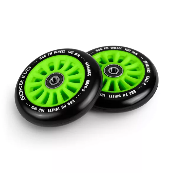 Roller kerék szett, SOKE, zöld, 10 cm, 2 db, ABEC-9 csapágy, 88A keménységű PU, 0,8 cm tengely