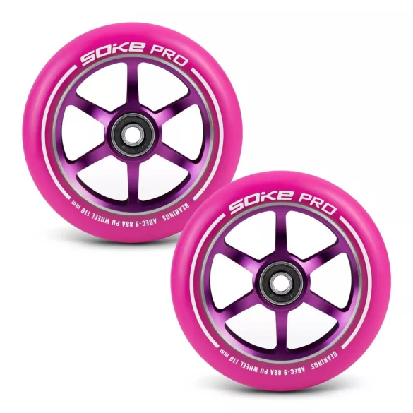 Roller kerék szett, SOKE, rózsaszín, 11 cm, 2 db, ABEC-9 csapágy, 88A keménységű PU, 0,8 cm tengely
