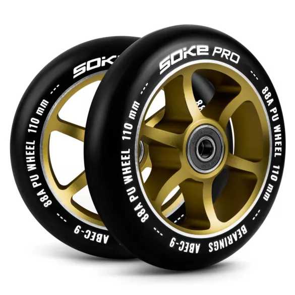 Roller kerék szett, SOKE, arany, 11 cm, 2 db, ABEC-9 csapágy, 88A keménységű PU, 0,8 cm tengely