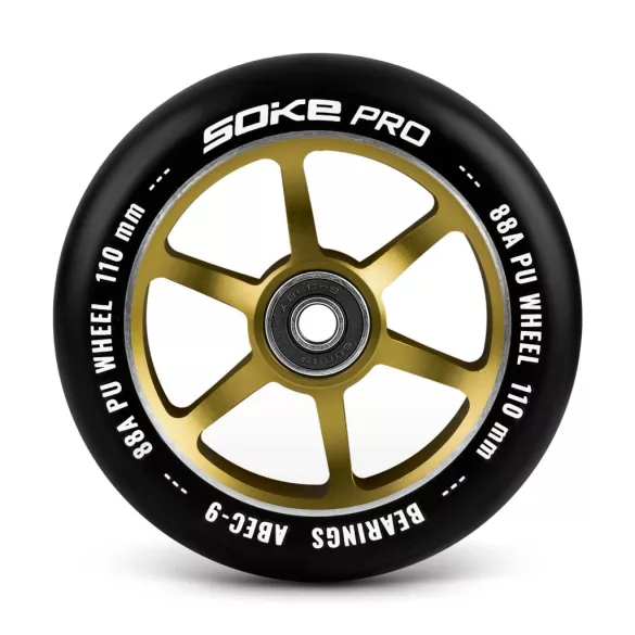 Roller kerék szett, SOKE, arany, 11 cm, 2 db, ABEC-9 csapágy, 88A keménységű PU, 0,8 cm tengely
