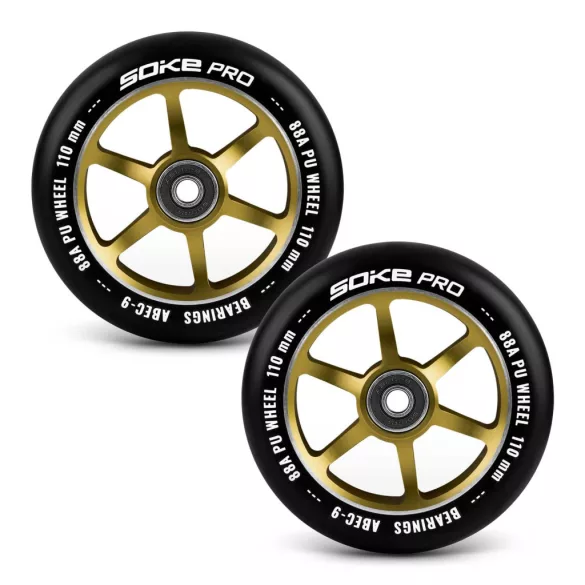 Roller kerék szett, SOKE, arany, 11 cm, 2 db, ABEC-9 csapágy, 88A keménységű PU, 0,8 cm tengely