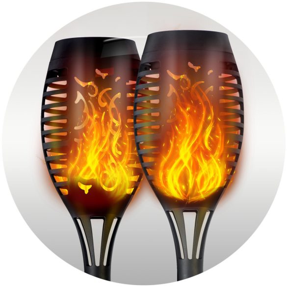 Napelemes kerti lámpa, Ilumen LS-100, fekete, magasság: 52 cm, LED-es, akkumulátoros, amorf napelem, IPX4 vízálló, fényérzékelős, fáklya forma, 2 db