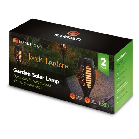 Napelemes kerti lámpa, Ilumen LS-100, fekete, magasság: 52 cm, LED-es, akkumulátoros, amorf napelem, IPX4 vízálló, fényérzékelős, fáklya forma, 2 db