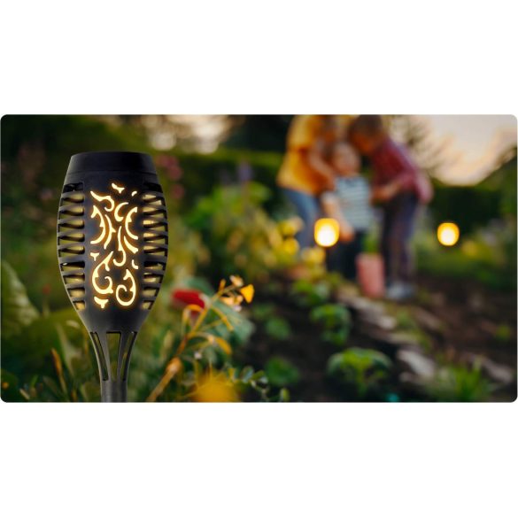 Napelemes kerti lámpa, Ilumen LS-100, fekete, magasság: 52 cm, LED-es, akkumulátoros, amorf napelem, IPX4 vízálló, fényérzékelős, fáklya forma, 2 db