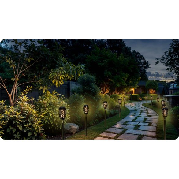 Napelemes kerti lámpa, Ilumen LS-100, fekete, magasság: 52 cm, LED-es, akkumulátoros, amorf napelem, IPX4 vízálló, fényérzékelős, fáklya forma, 2 db