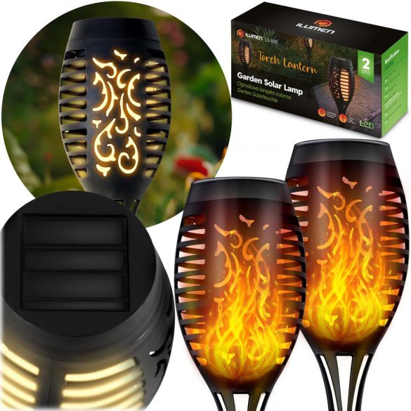 Napelemes kerti lámpa, Ilumen LS-100, fekete, magasság: 52 cm, LED-es, akkumulátoros, amorf napelem, IPX4 vízálló, fényérzékelős, fáklya forma, 2 db