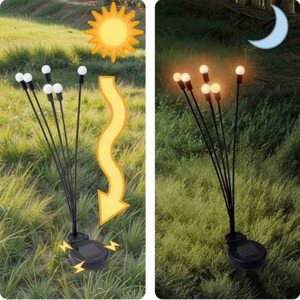 Napelemes kerti lámpa, Ilumen LS-101, fekete, magasság: 77 cm, IPX4 vízálló, fényszenzoros, akkumulátoros, műanyag, szentjánosbogár forma, 2 db