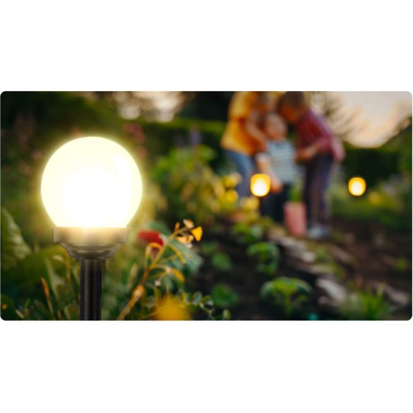 Napelemes kerti lámpa, Ilumen LS-102, fehér, magasság: 39 cm, gömb alakú, leszúrható, IPX4  vízálló, fényszenzoros, akkumulátoros, 4 db