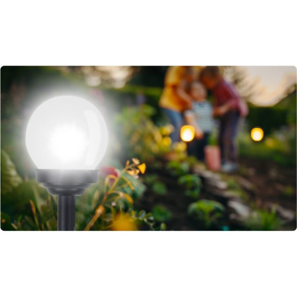 Napelemes kerti lámpa, Ilumen LS-102, fehér, magasság: 39 cm, gömb alakú, leszúrható, IPX4  vízálló, fényszenzoros, akkumulátoros, 4 db