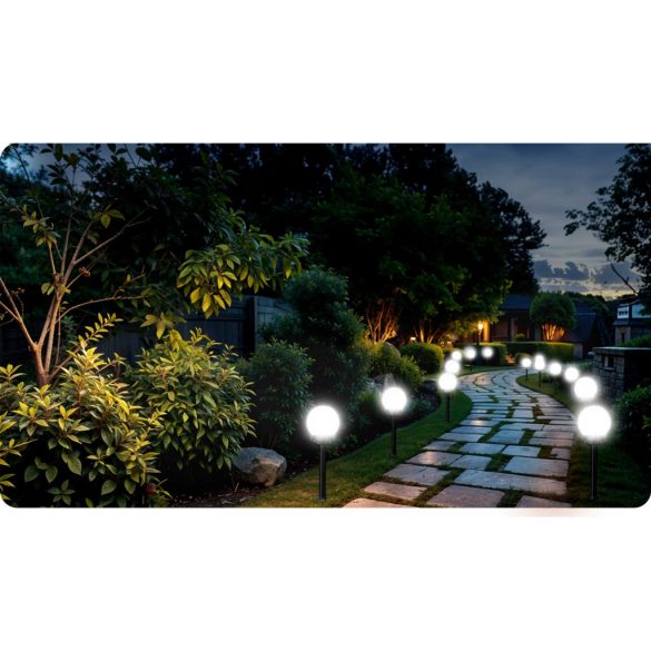 Napelemes kerti lámpa, Ilumen LS-102, fehér, magasság: 39 cm, gömb alakú, leszúrható, IPX4  vízálló, fényszenzoros, akkumulátoros, 4 db