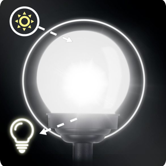 Napelemes kerti lámpa, Ilumen LS-102, fehér, magasság: 39 cm, gömb alakú, leszúrható, IPX4  vízálló, fényszenzoros, akkumulátoros, 4 db