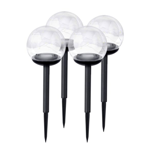 Napelemes kerti lámpa, Ilumen LS-103, átlátszó, magasság: 40 cm, gömb alakú, leszúrható, LED-es, fényérzékelős, IPX4 vízálló, akkumulátoros, 4 db
