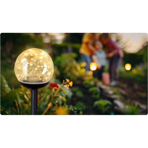 Napelemes kerti lámpa, Ilumen LS-103, átlátszó, magasság: 40 cm, gömb alakú, leszúrható, LED-es, fényérzékelős, IPX4 vízálló, akkumulátoros, 4 db