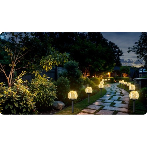 Napelemes kerti lámpa, Ilumen LS-103, átlátszó, magasság: 40 cm, gömb alakú, leszúrható, LED-es, fényérzékelős, IPX4 vízálló, akkumulátoros, 4 db