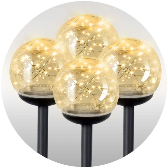 Napelemes kerti lámpa, Ilumen LS-103, átlátszó, magasság: 40 cm, gömb alakú, leszúrható, LED-es, fényérzékelős, IPX4 vízálló, akkumulátoros, 4 db