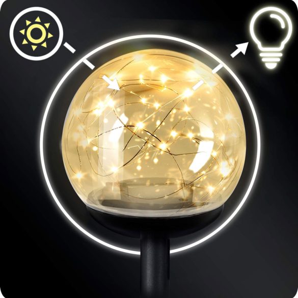 Napelemes kerti lámpa, Ilumen LS-103, átlátszó, magasság: 40 cm, gömb alakú, leszúrható, LED-es, fényérzékelős, IPX4 vízálló, akkumulátoros, 4 db