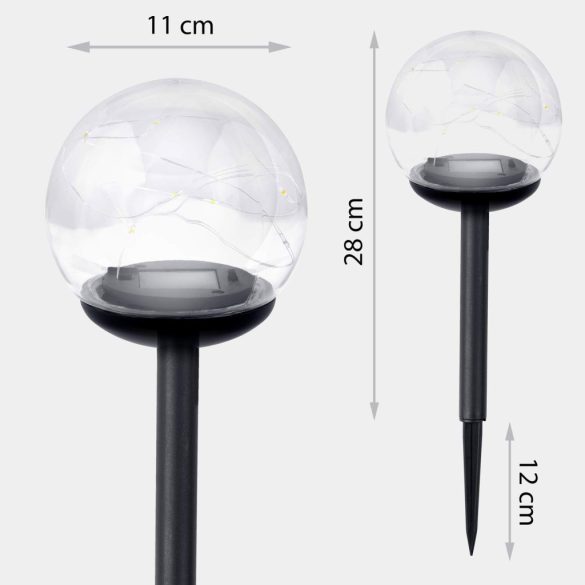 Napelemes kerti lámpa, Ilumen LS-103, átlátszó, magasság: 40 cm, gömb alakú, leszúrható, LED-es, fényérzékelős, IPX4 vízálló, akkumulátoros, 4 db