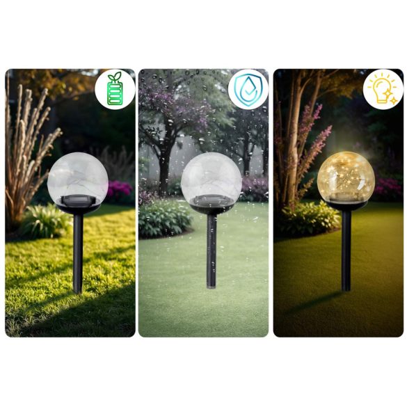 Napelemes kerti lámpa, Ilumen LS-103, átlátszó, magasság: 40 cm, gömb alakú, leszúrható, LED-es, fényérzékelős, IPX4 vízálló, akkumulátoros, 4 db