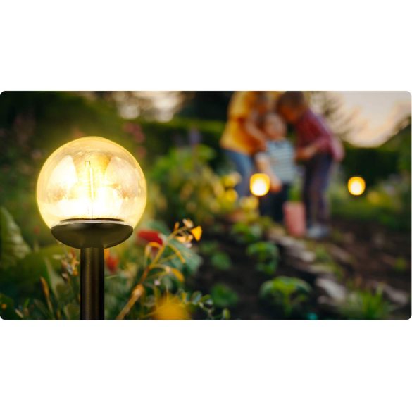 Napelemes kerti lámpa, Ilumen LS-103, átlátszó, magasság: 39 cm, gömb alakú, LED-es, akkumulátoros, IPX4 vízálló, fényérzékelős, automatikus éjszakai kapcsolás, 4 db