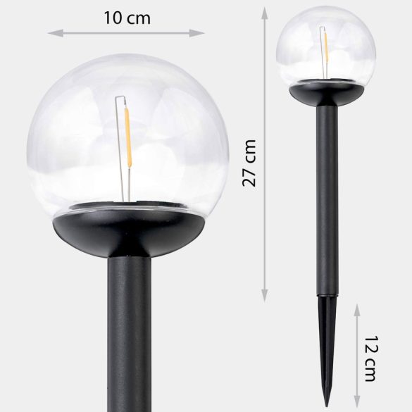 Napelemes kerti lámpa, Ilumen LS-103, átlátszó, magasság: 39 cm, gömb alakú, LED-es, akkumulátoros, IPX4 vízálló, fényérzékelős, automatikus éjszakai kapcsolás, 4 db