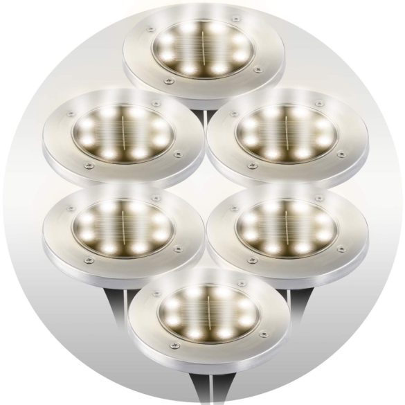 Napelemes kerti lámpa, Ilumen LS-104, ezüst, átmérő: 12 cm, fényérzékelős, automatikus kapcsolás, IPX4 vízálló, akkumulátoros, 6 db