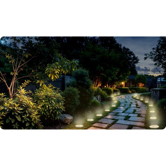 Napelemes kerti lámpa, Ilumen LS-104, ezüst, átmérő: 12 cm, fényérzékelős, automatikus kapcsolás, IPX4 vízálló, akkumulátoros, 6 db