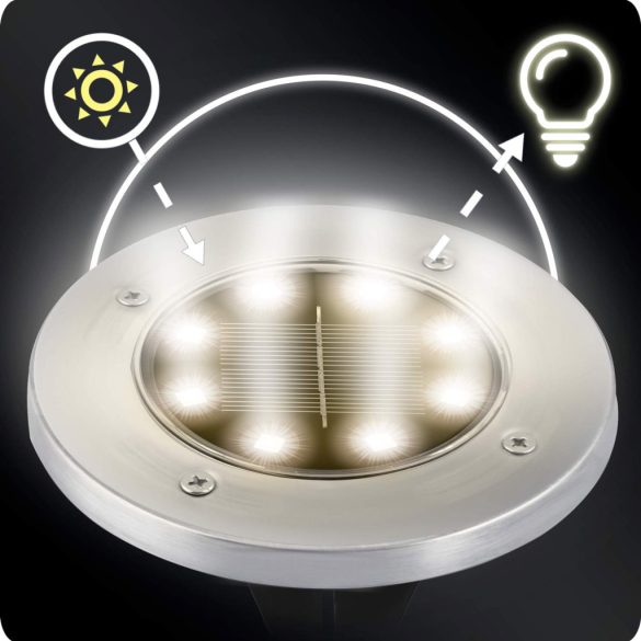 Napelemes kerti lámpa, Ilumen LS-104, ezüst, átmérő: 12 cm, fényérzékelős, automatikus kapcsolás, IPX4 vízálló, akkumulátoros, 6 db
