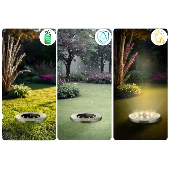 Napelemes kerti lámpa, Ilumen LS-104, ezüst, átmérő: 12 cm, fényérzékelős, automatikus kapcsolás, IPX4 vízálló, akkumulátoros, 6 db