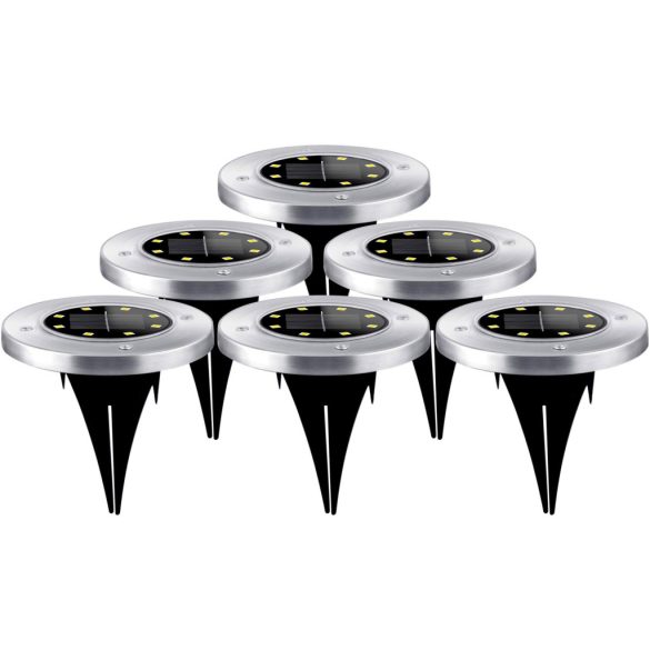 Napelemes kerti lámpa, Ilumen LS-104, ezüst, átmérő: 12 cm, fényérzékelős, automatikus kapcsolás, IPX4 vízálló, akkumulátoros, 6 db