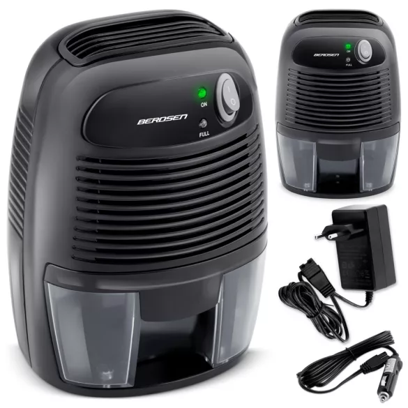 Páramentesítő, Berdsen BR-68B, fekete, 500 ml tartály, ultracsendes 30 dB, Peltier‑technológia, vízszint‑érzékelő, energiatakarékos, 23 W, 12 V autós adapterrel