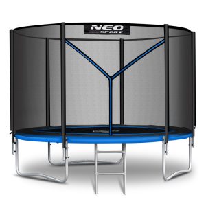 Kerti trambulin, Neo-Sport, fekete/kék, átmérő: 183 cm, kerek, magasság: 45 cm, 150 cm külső védőháló, létra, acél váz, 3 dupla láb, 50 kg teherbírás, 36 db rugó, fekete oszlopok