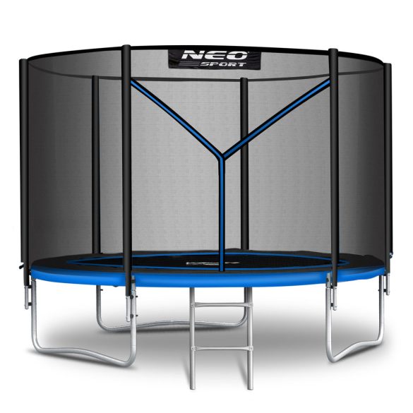Kerti trambulin, Neo-Sport, fekete/kék, átmérő: 183 cm, kerek, magasság: 45 cm, 150 cm külső védőháló, létra, acél váz, 3 dupla láb, 50 kg teherbírás, 36 db rugó, fekete oszlopok