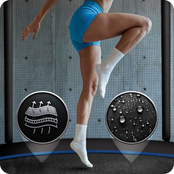 Kerti trambulin, Neo-Sport, fekete/kék, átmérő: 183 cm, kerek, magasság: 45 cm, 150 cm külső védőháló, létra, acél váz, 3 dupla láb, 50 kg teherbírás, 36 db rugó, fekete oszlopok