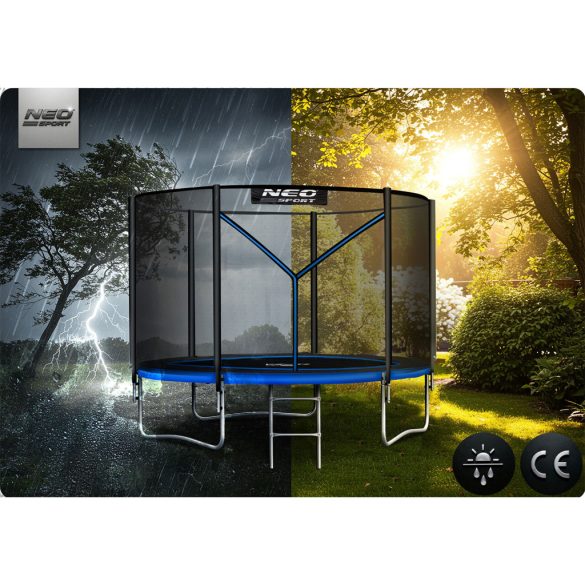 Kerti trambulin, Neo-Sport, fekete/kék, átmérő: 183 cm, kerek, magasság: 45 cm, 150 cm külső védőháló, létra, acél váz, 3 dupla láb, 50 kg teherbírás, 36 db rugó, fekete oszlopok