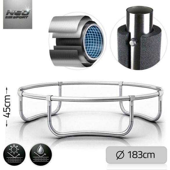 Kerti trambulin, Neo-Sport, fekete/kék, átmérő: 183 cm, kerek, magasság: 45 cm, 150 cm külső védőháló, létra, acél váz, 3 dupla láb, 50 kg teherbírás, 36 db rugó, fekete oszlopok