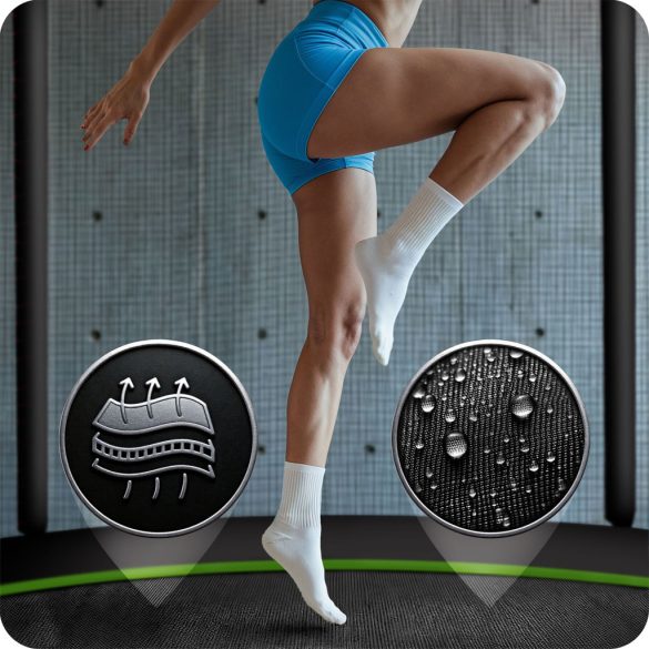 Kerti trambulin, Neo-Sport, fekete/zöld, átmérő: 183 cm, kerek, magasság: 45 cm, 150 cm külső védőháló, létra, acél váz, 3 dupla láb, 50 kg teherbírás, 36 db rugó