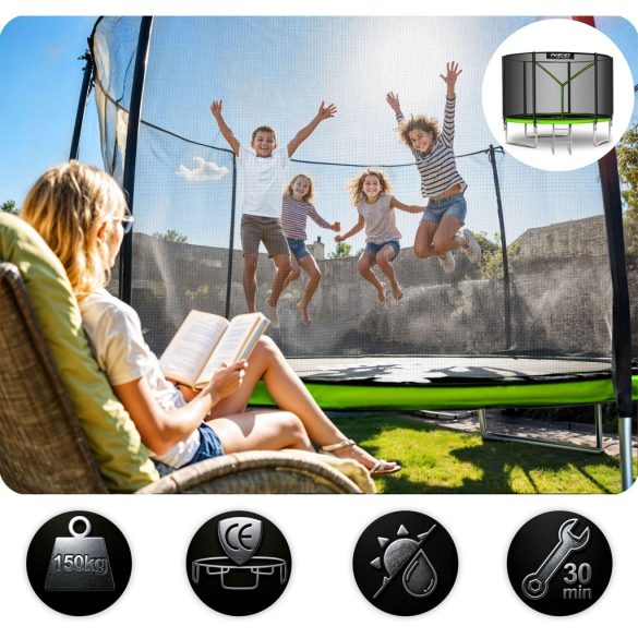 Kerti trambulin, Neo-Sport, fekete/zöld, átmérő: 183 cm, kerek, magasság: 45 cm, 150 cm külső védőháló, létra, acél váz, 3 dupla láb, 50 kg teherbírás, 36 db rugó