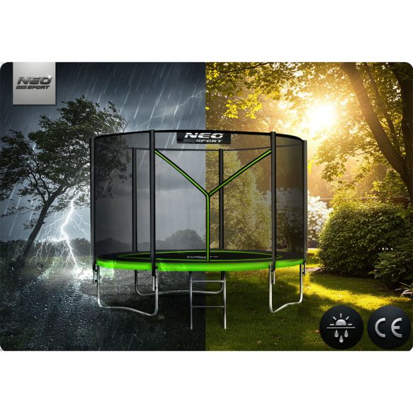Kerti trambulin, Neo-Sport, fekete/zöld, átmérő: 183 cm, kerek, magasság: 45 cm, 150 cm külső védőháló, létra, acél váz, 3 dupla láb, 50 kg teherbírás, 36 db rugó