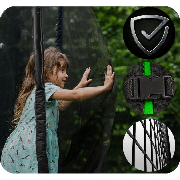 Kerti trambulin, Neo-Sport, fekete/zöld, átmérő: 183 cm, kerek, magasság: 45 cm, 150 cm külső védőháló, létra, acél váz, 3 dupla láb, 50 kg teherbírás, 36 db rugó