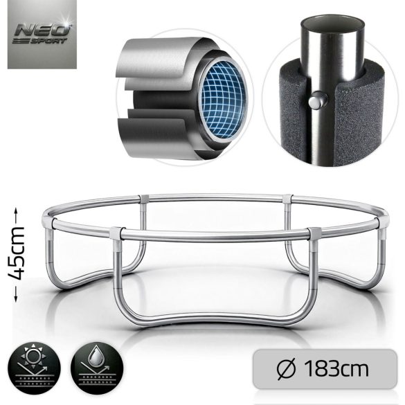 Kerti trambulin, Neo-Sport, fekete/zöld, átmérő: 183 cm, kerek, magasság: 45 cm, 150 cm külső védőháló, létra, acél váz, 3 dupla láb, 50 kg teherbírás, 36 db rugó